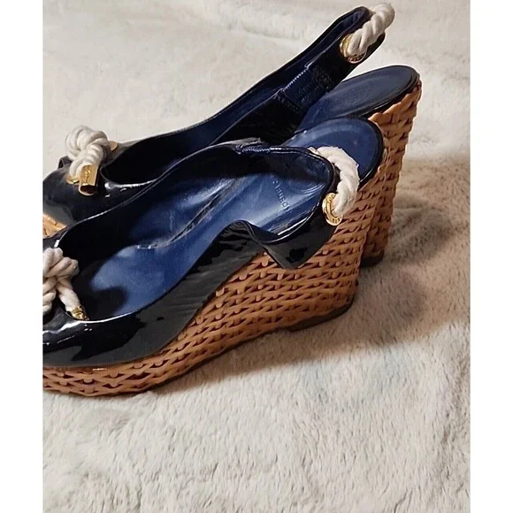 Tory Burch Navy Blue Patent Rope Bow Wedge Slingback Peep Toe Sandals Womens 10 - Picture 9 of 11